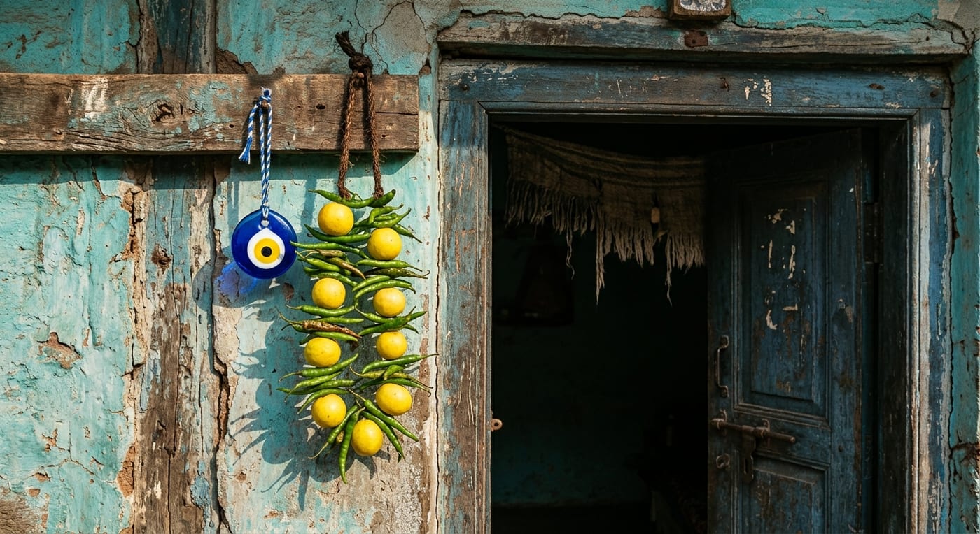 A string of lemon and green chillies hanging in a doorway beside a blue evil eye charm