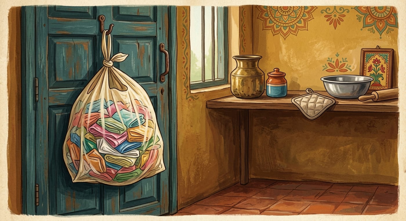 A large plastic bag stuffed full of folded plastic bags hanging from a hook behind a kitchen door