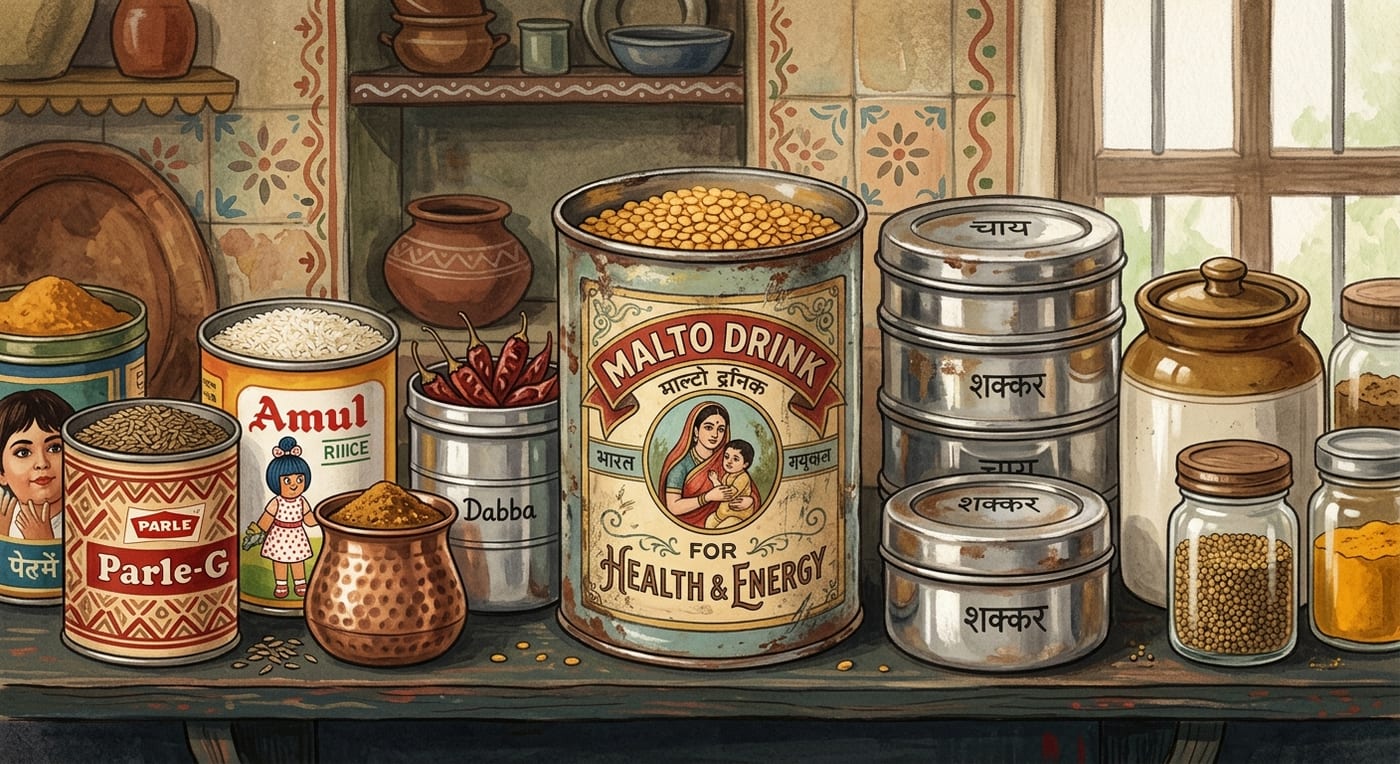 An old malt-drink tin repurposed on a kitchen shelf holding lentils, among other reused tins and steel containers
