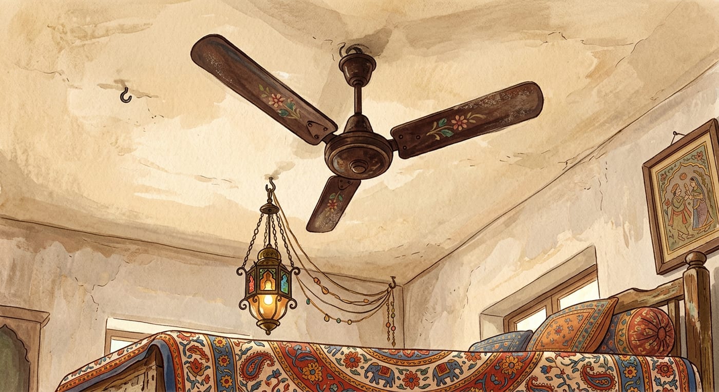 An old three-blade ceiling fan seen from below against a pale ceiling with a hanging light and the corner of a bedsheet visible