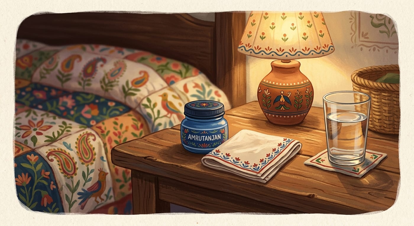 A small blue jar of camphor rub on a bedside table beside a folded handkerchief and a glass of water in warm lamplight