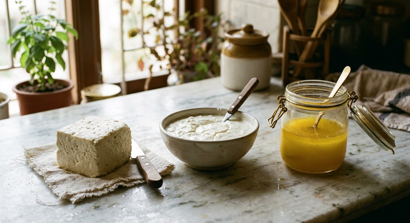 Fresh paneer, a bowl of set curd and a jar of golden ghee on a kitchen counter