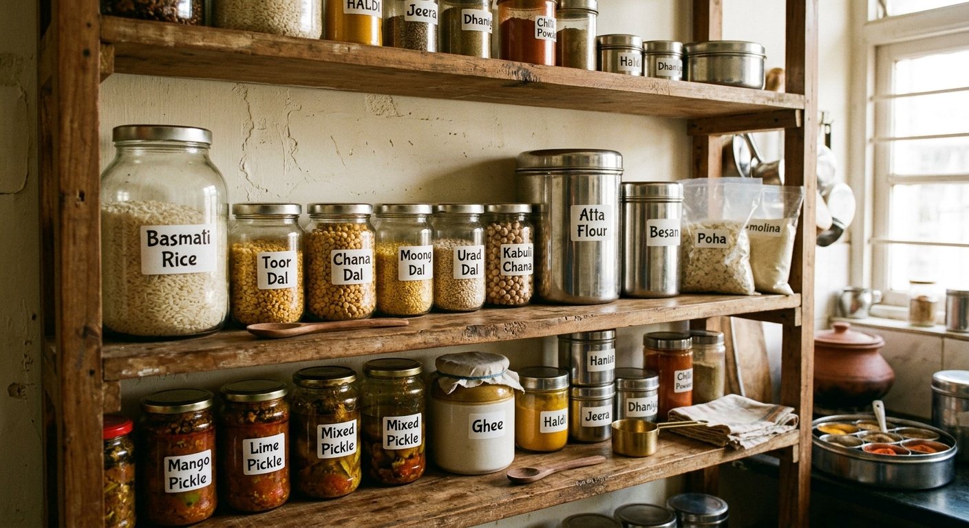 A pantry shelf with jars of basmati rice, several dals, atta flour, besan, pickles and ghee