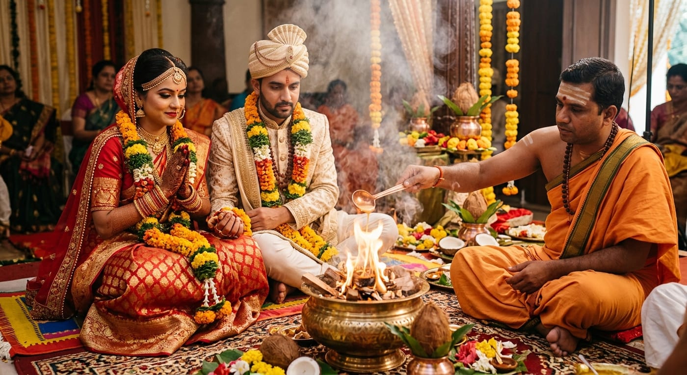 A couple in red and gold seated before the sacred fire as a priest pours ghee during Hindu wedding pheras