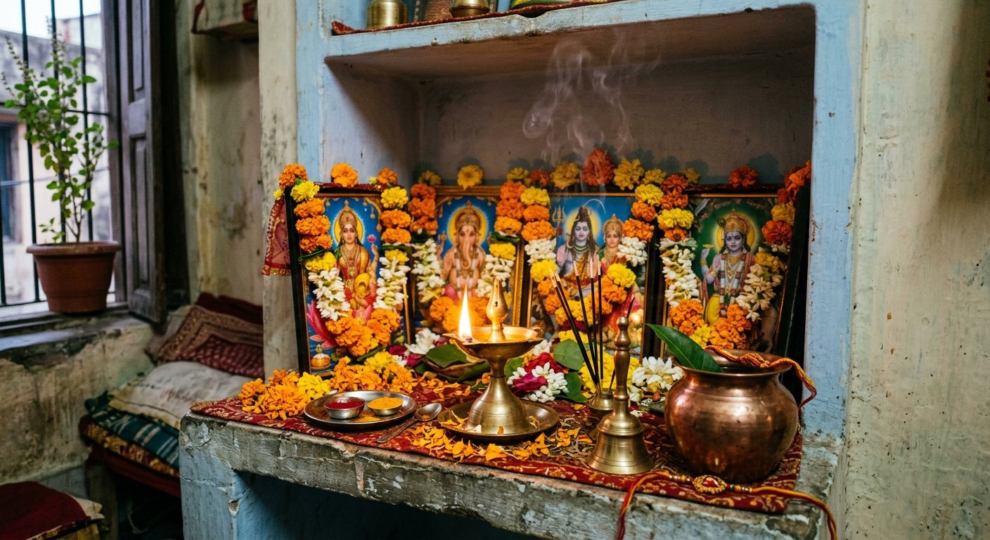 A small home puja space with a brass lamp, framed deity pictures with marigold garlands, incense and a copper pot