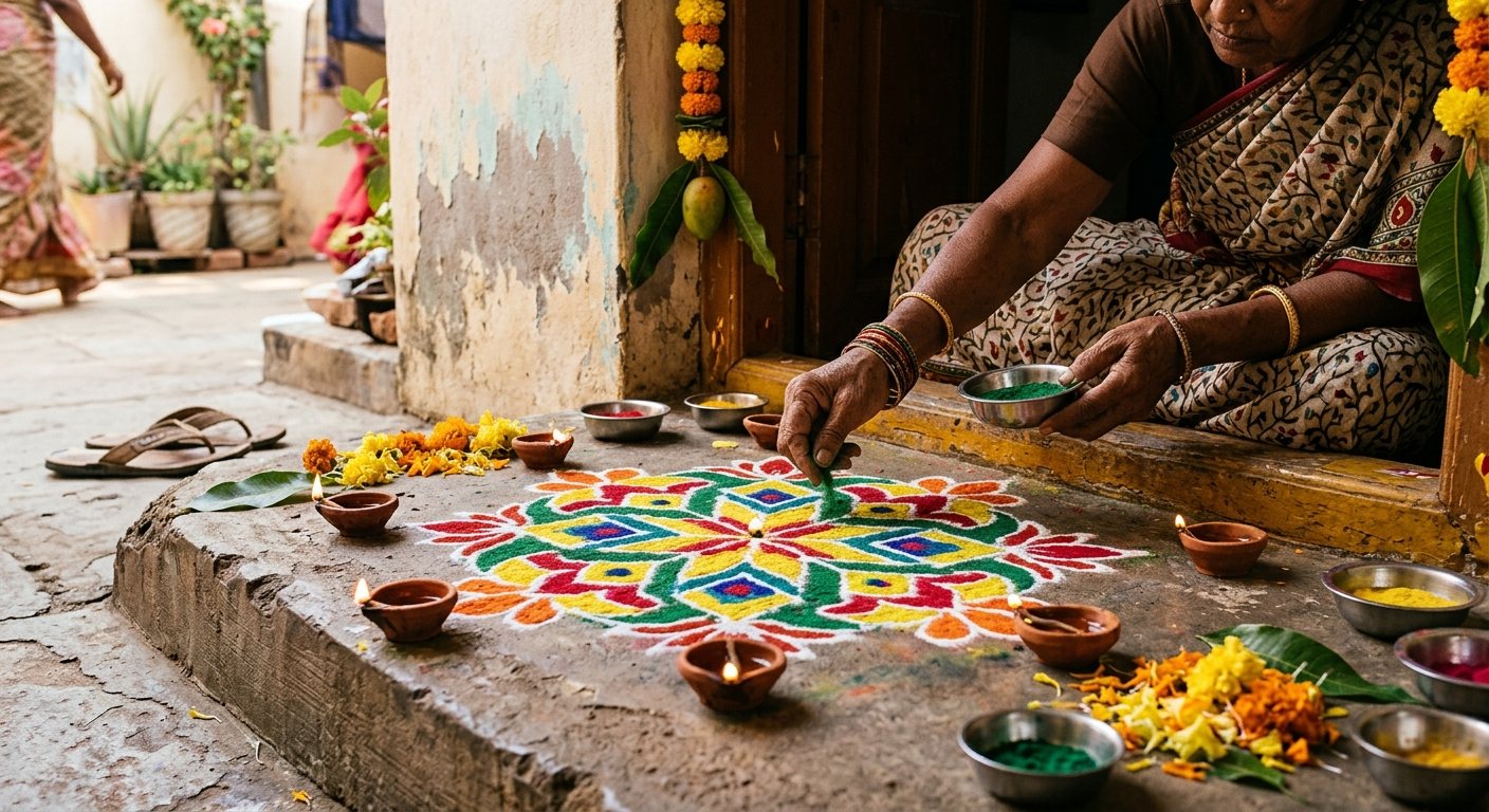 A colourful rangoli being made on a doorstep with coloured powders and small oil lamps around it