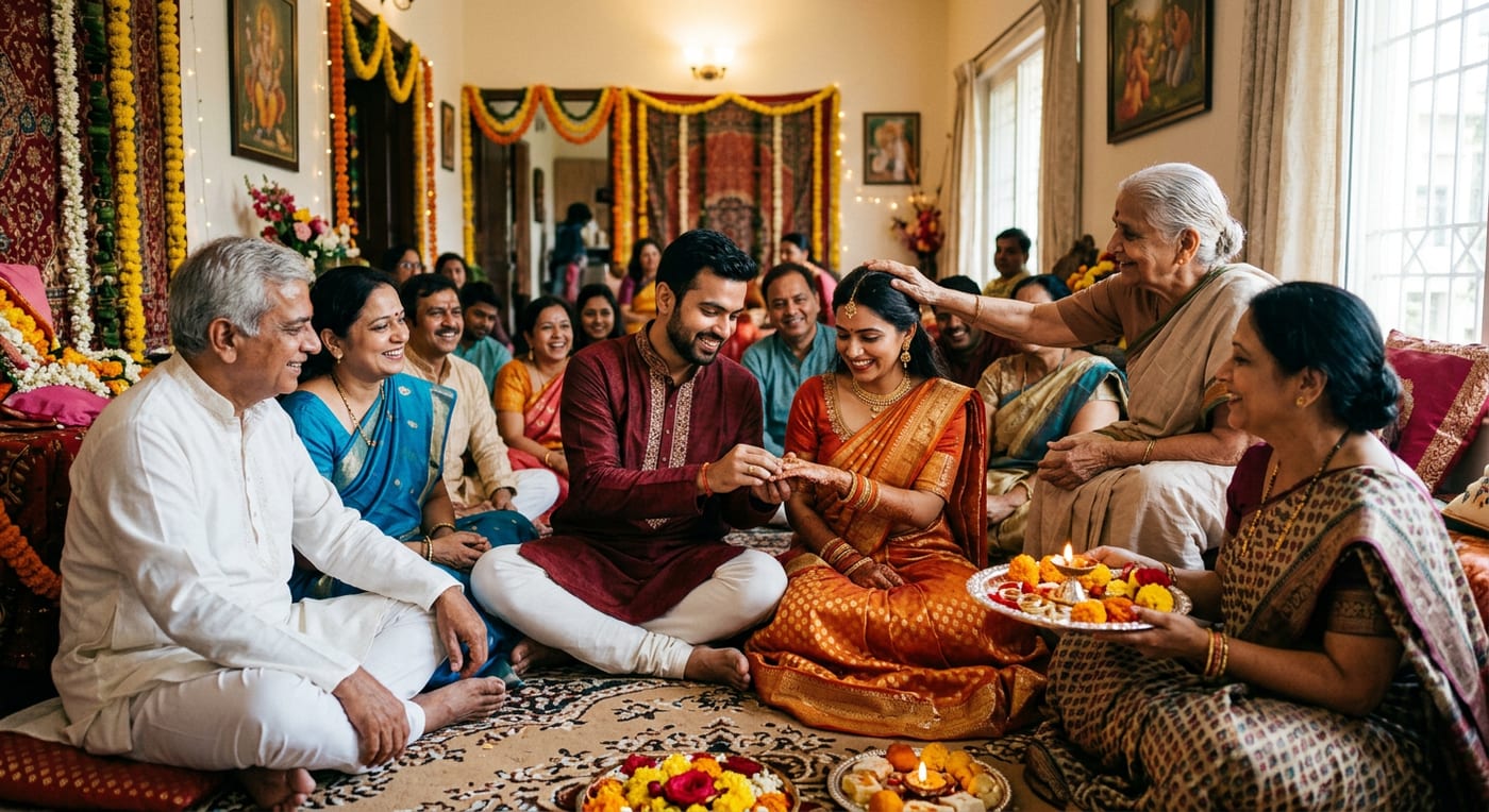 Two families exchanging rings and sweets at an Indian engagement ceremony