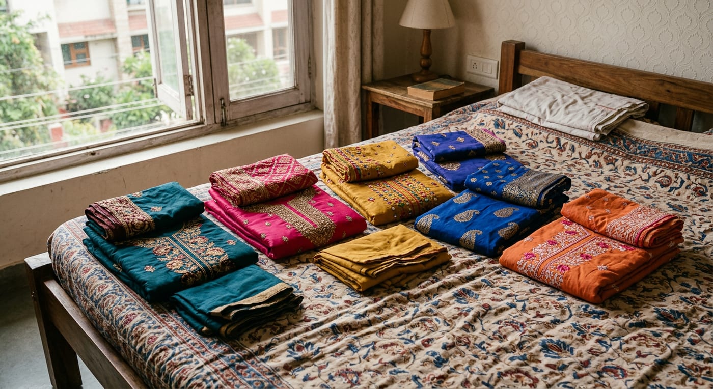 Folded cotton and silk salwar kameez sets with matching dupattas laid out on a bed
