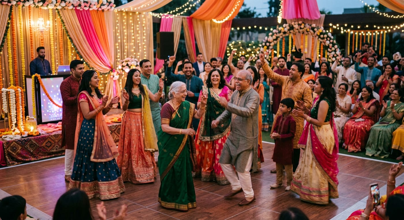 Families dancing together on a decorated stage at an Indian sangeet night