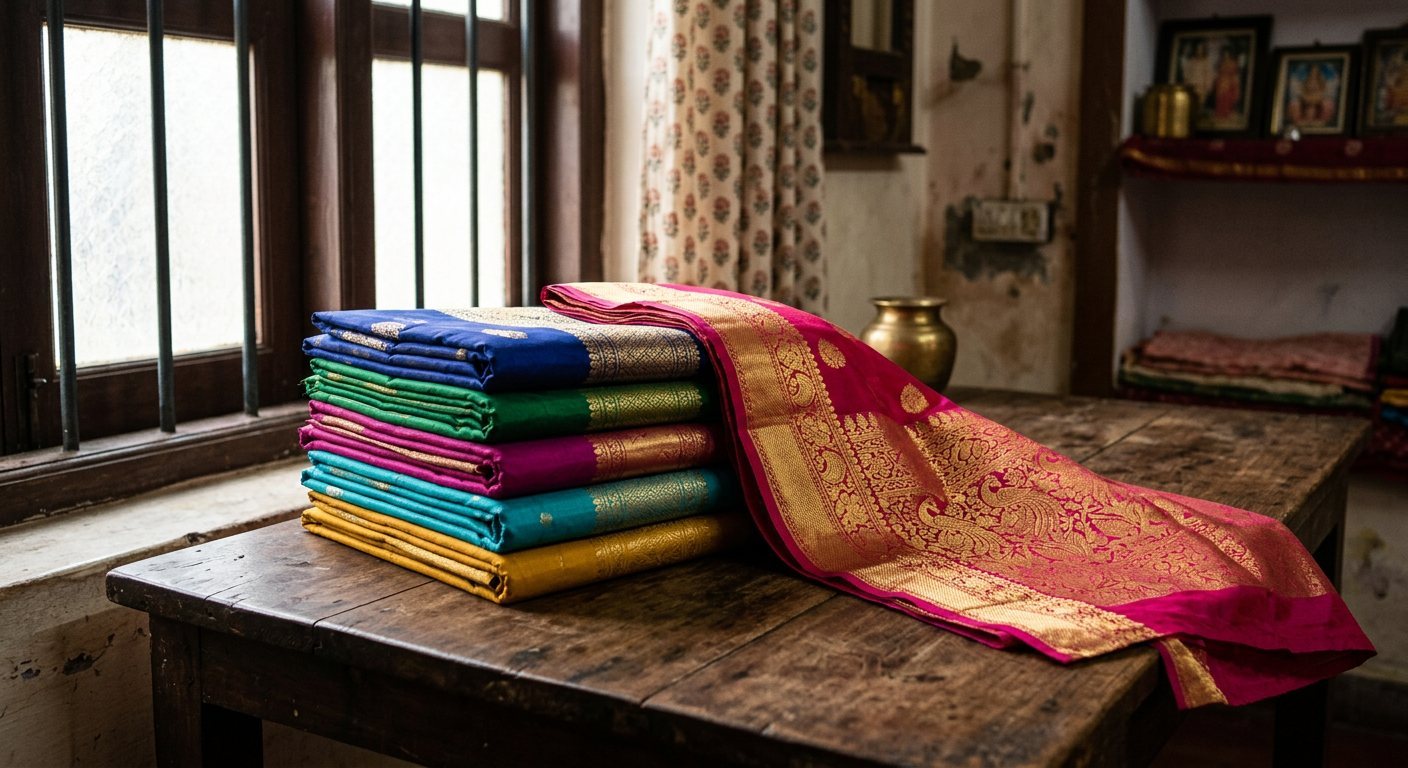 A stack of folded silk sarees with gold zari borders on a wooden table, one unfolded to show the pallu