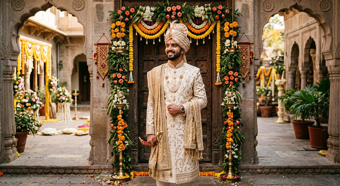 An Indian groom in a cream embroidered sherwani with turban and stole