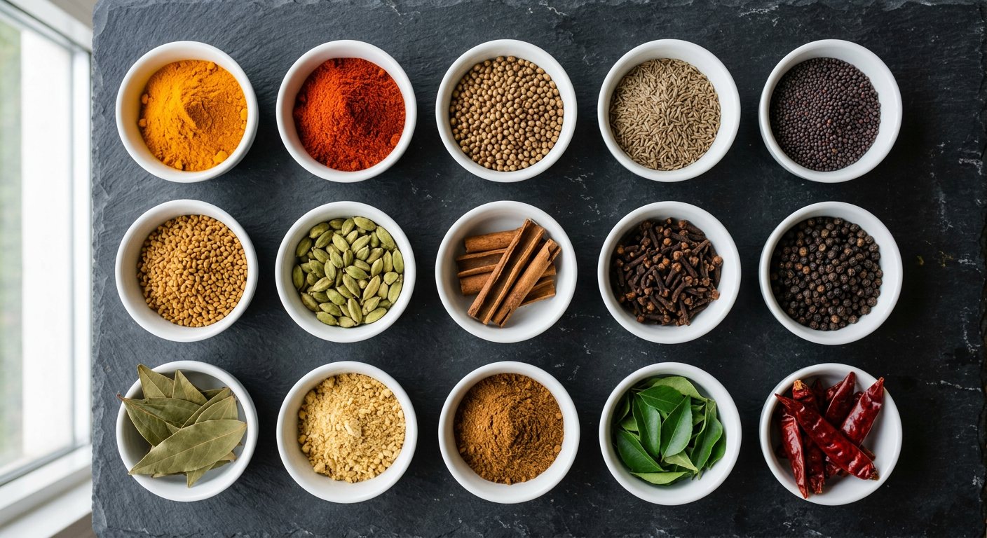 Fifteen Indian spices in small white bowls on slate: turmeric, chilli, coriander and cumin seeds, mustard seed, cardamom, cinnamon, cloves, peppercorns, bay leaves and more