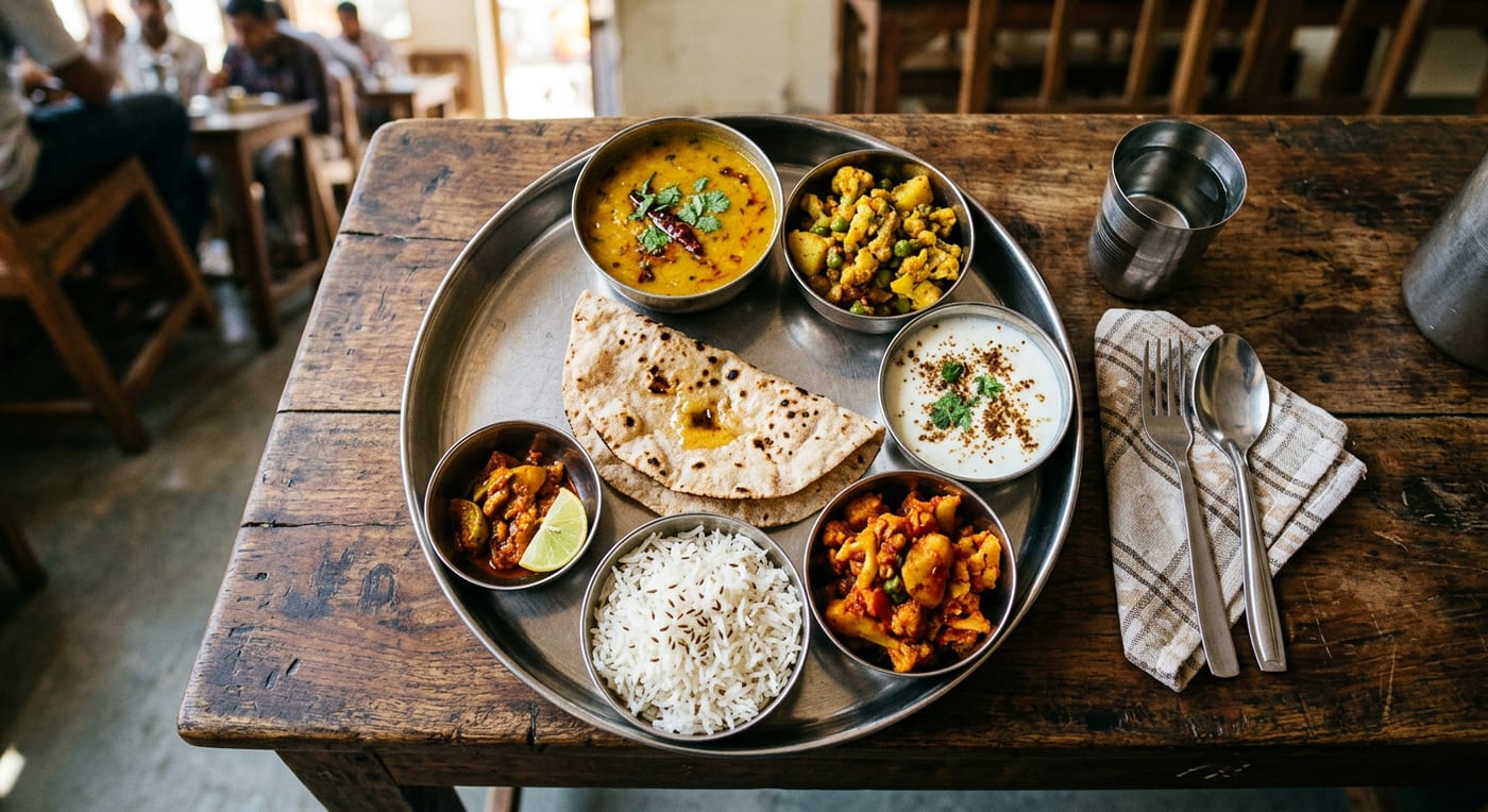 A traditional Indian steel thali with katori bowls of dal, sabzi, curd, rice, roti and pickle