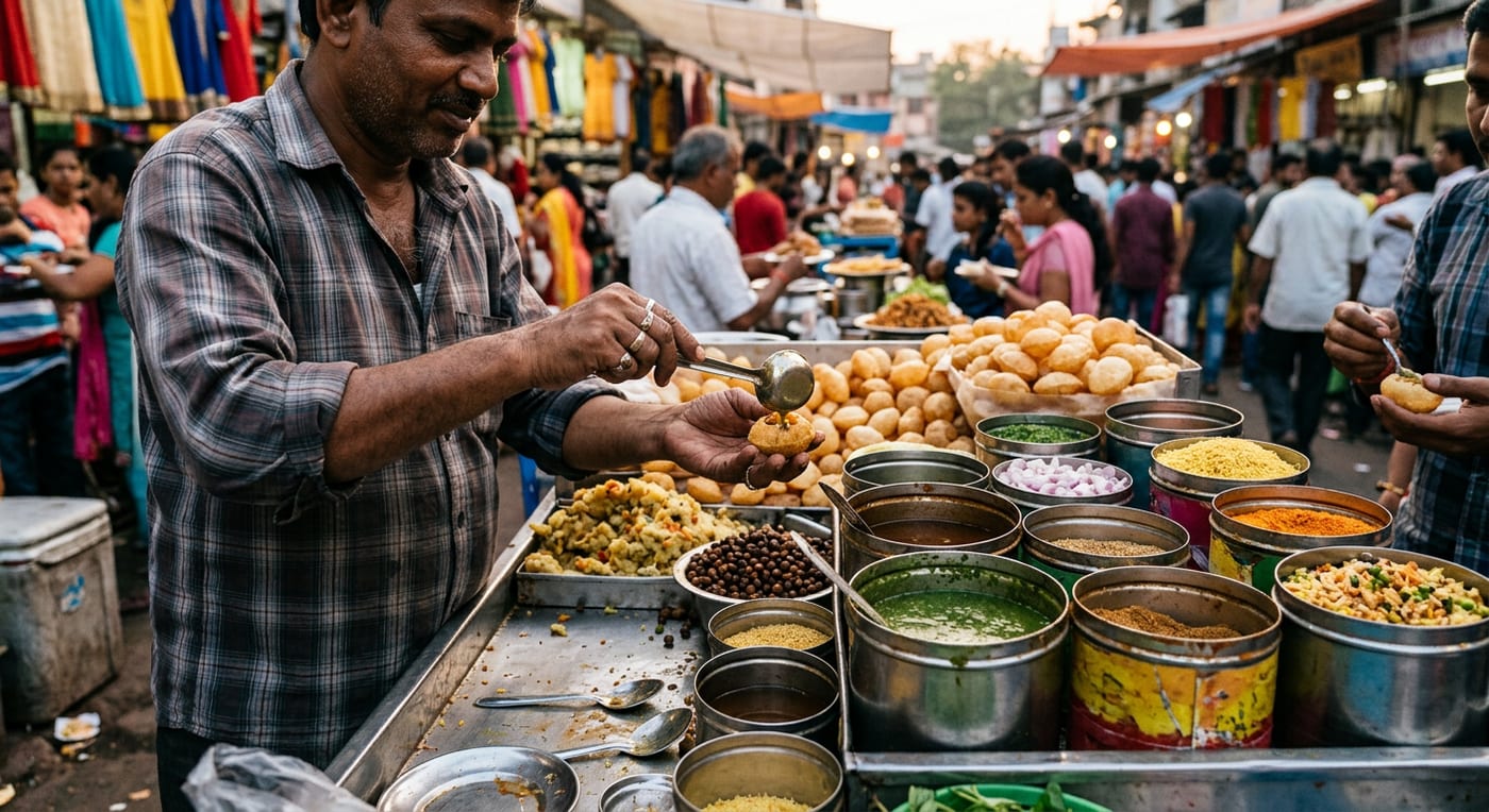 An Indian street food stall serving pani puri with colourful chutneys in steel containers