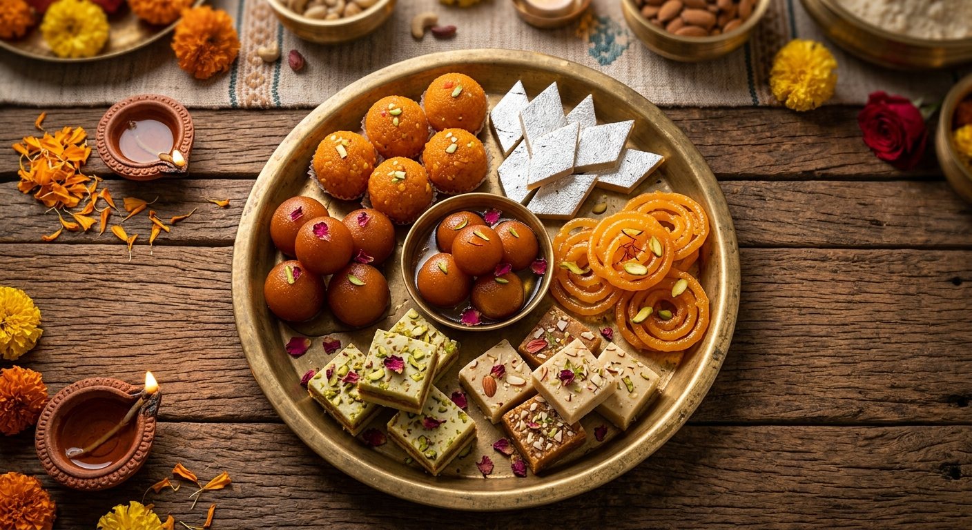 An assortment of Indian sweets on a brass thali: motichoor ladoo, kaju katli, jalebi, gulab jamun, barfi, with pistachio and rose petals