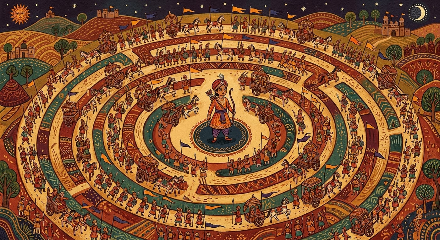 A young warrior with a bow standing alone at the centre of a vast spiral formation of chariots and soldiers, Indian folk-art style