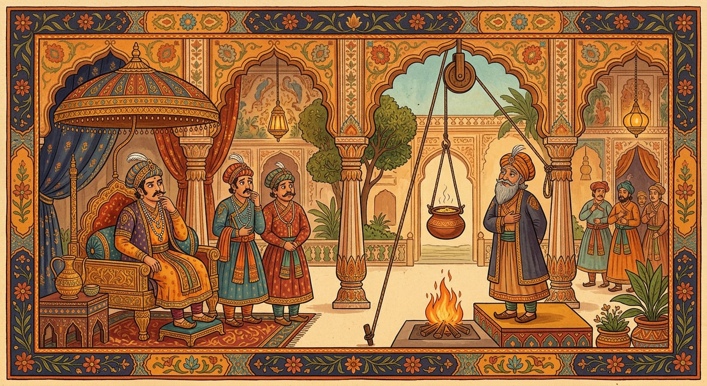 A courtier cooking a pot of khichdi suspended high above a small fire while the Mughal emperor and courtiers watch, Indian folk-art style