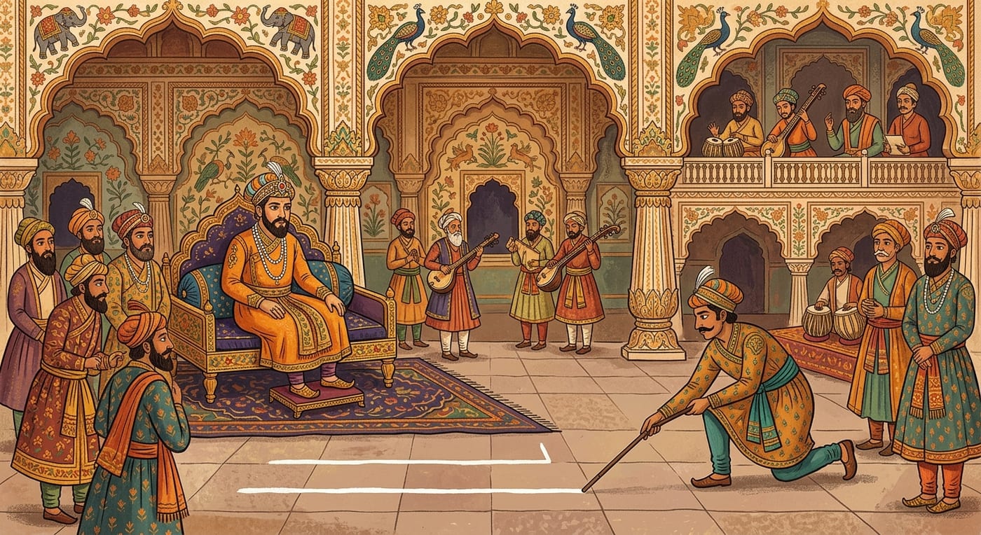 A courtier drawing a longer line beneath an existing line on a court floor while the Mughal emperor watches, Indian folk-art style