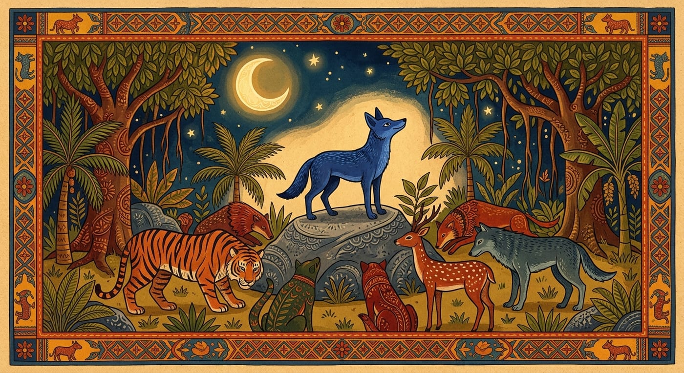 A bright blue jackal standing on a rock while tigers and deer bow before him in a moonlit forest, Indian folk-art style