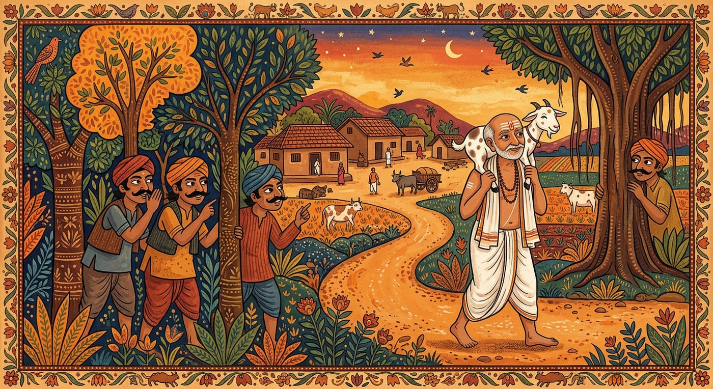 A brahmin carrying a goat on his shoulders along a village road while three thieves whisper from behind trees, Indian folk-art style