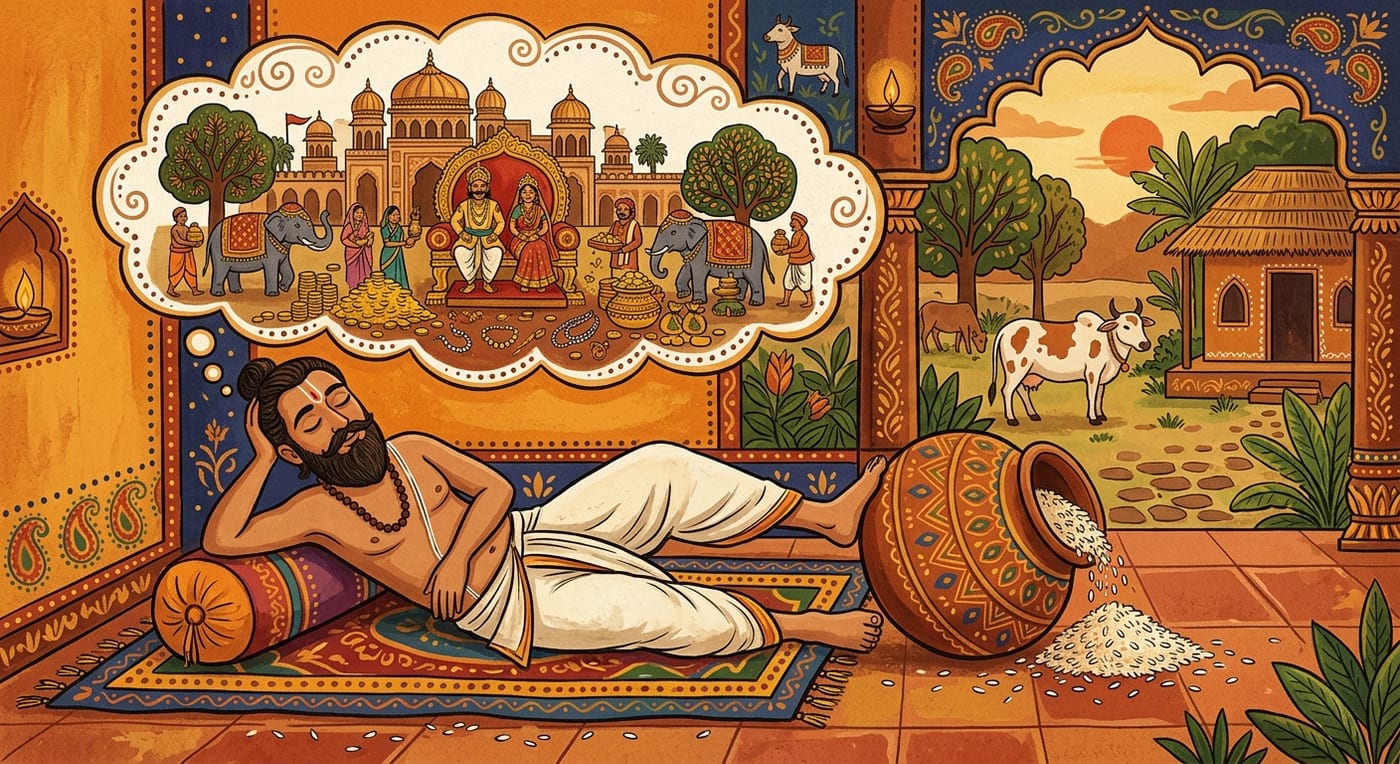 A daydreaming brahmin beside a large clay pot of rice, imagining wealth above him while his foot kicks the pot over, Indian folk-art style