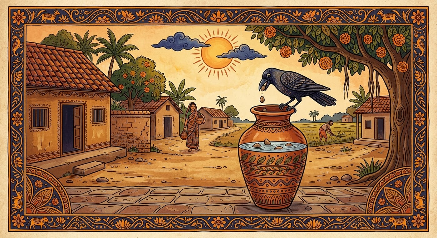 A thirsty crow dropping pebbles into a tall narrow clay pot of water in a dry village courtyard, Indian folk-art style