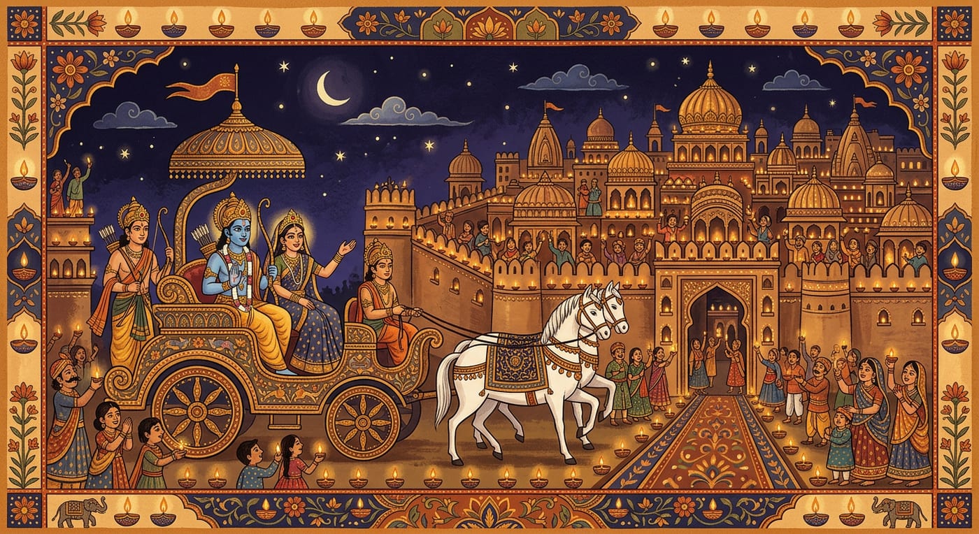 Rama, Sita and Lakshmana returning to Ayodhya at night as citizens line the walls with oil lamps, Indian folk-art style