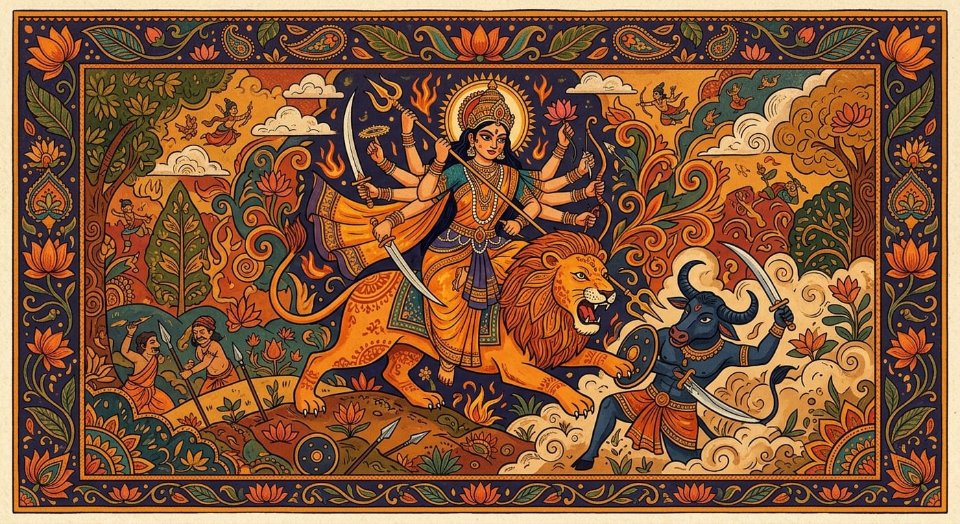 The goddess Durga with many arms riding a lion into battle against a buffalo demon, Indian folk-art style with lotus motifs