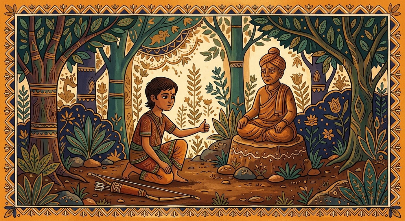 A young forest archer kneeling before a clay statue of a teacher, his bow set down, offering his right thumb, Indian folk-art style