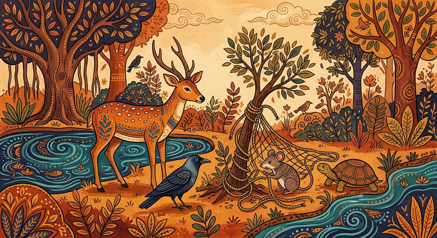 A deer, crow, mouse and tortoise together beside a forest pool, the mouse gnawing the ropes of a hunter net, Indian folk-art style