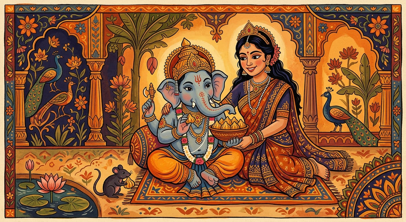 The elephant-headed child Ganesha seated with a bowl of modak sweets, Parvati behind him and a mouse at his feet, Indian folk-art style