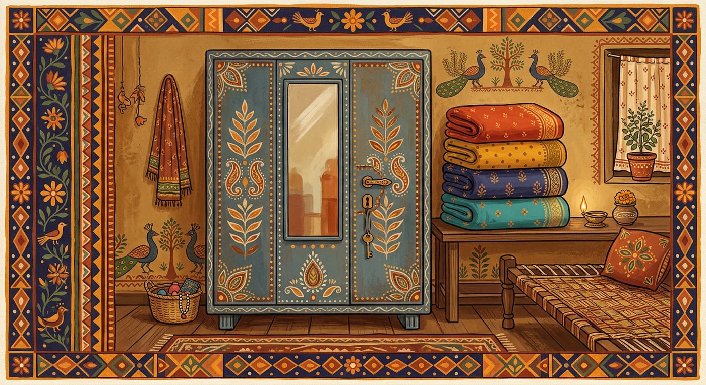 A tall steel wardrobe with a mirror and a small lock in a modest bedroom, folded sarees stacked beside it