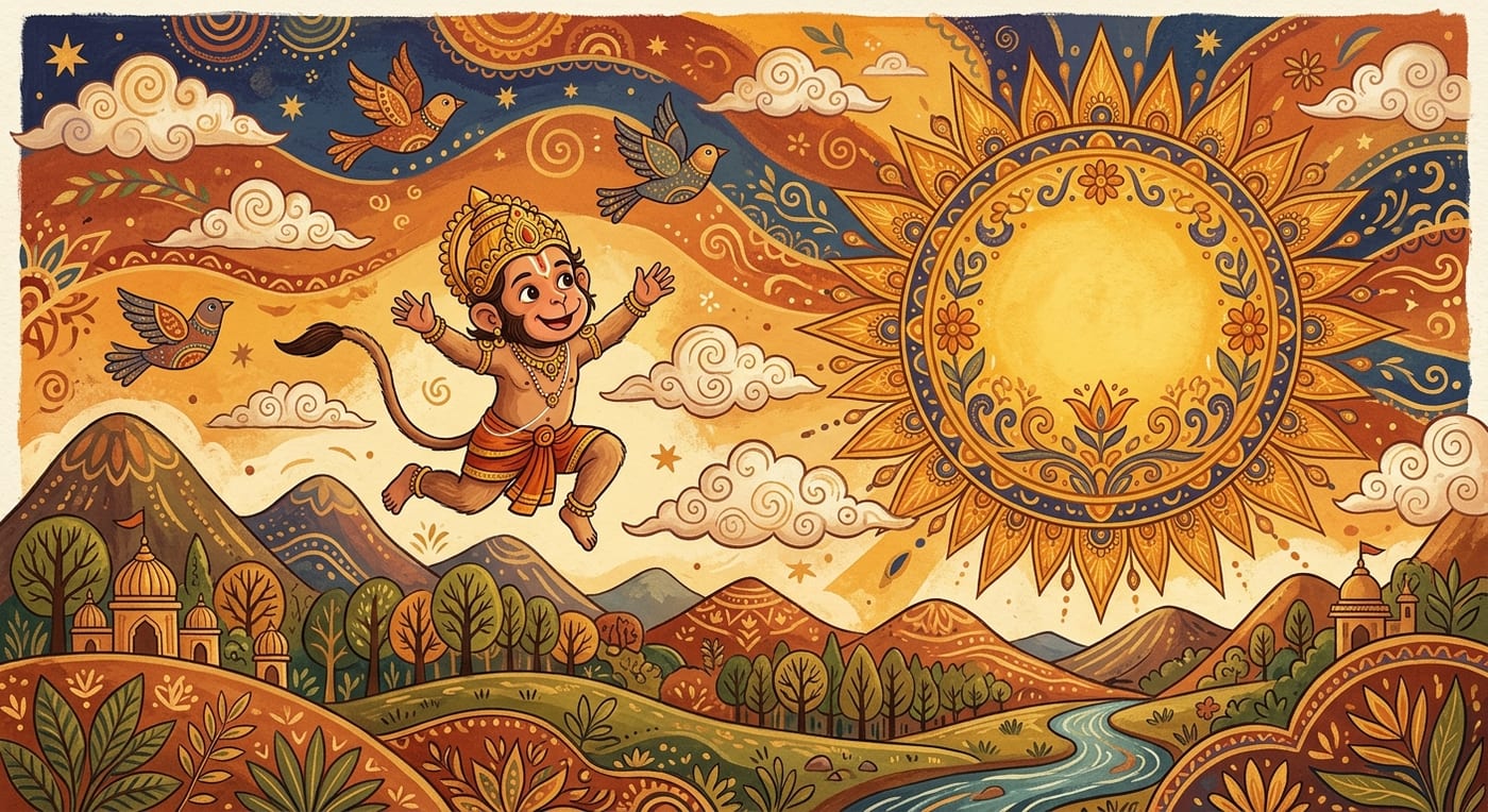 A small child Hanuman leaping joyfully through the sky towards a huge golden sun, Indian folk-art style