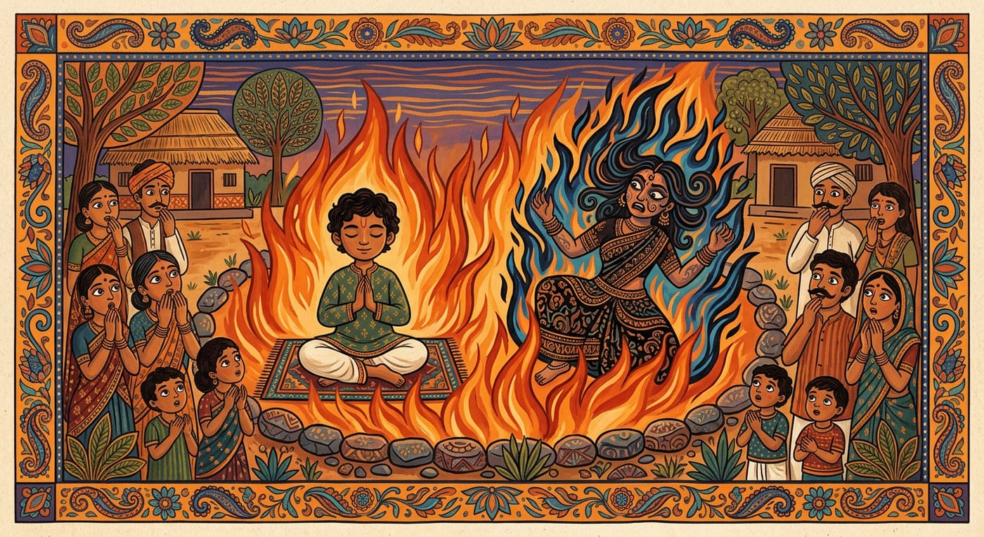 A boy sitting calmly in a great fire while a demoness beside him is consumed by flames, onlookers watching, Indian folk-art style