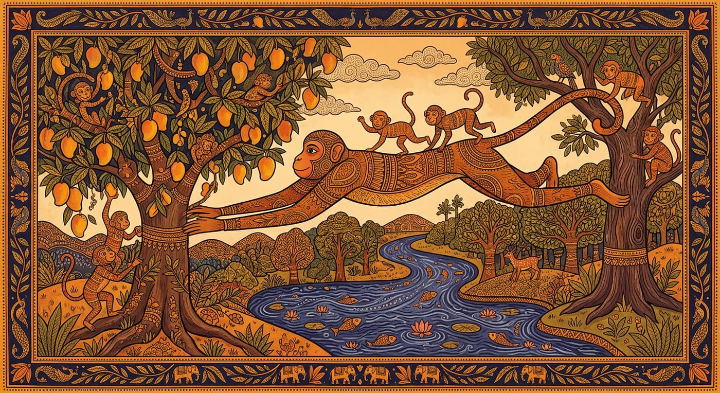 A great monkey stretched between two trees as a living bridge while smaller monkeys cross over his back, Indian folk-art style