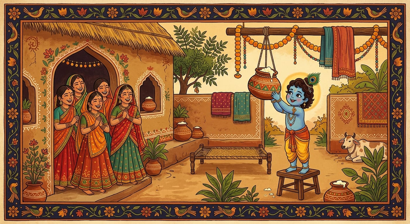 A small blue-skinned Krishna reaching into a hanging clay pot of butter while village women watch fondly, Indian folk-art style