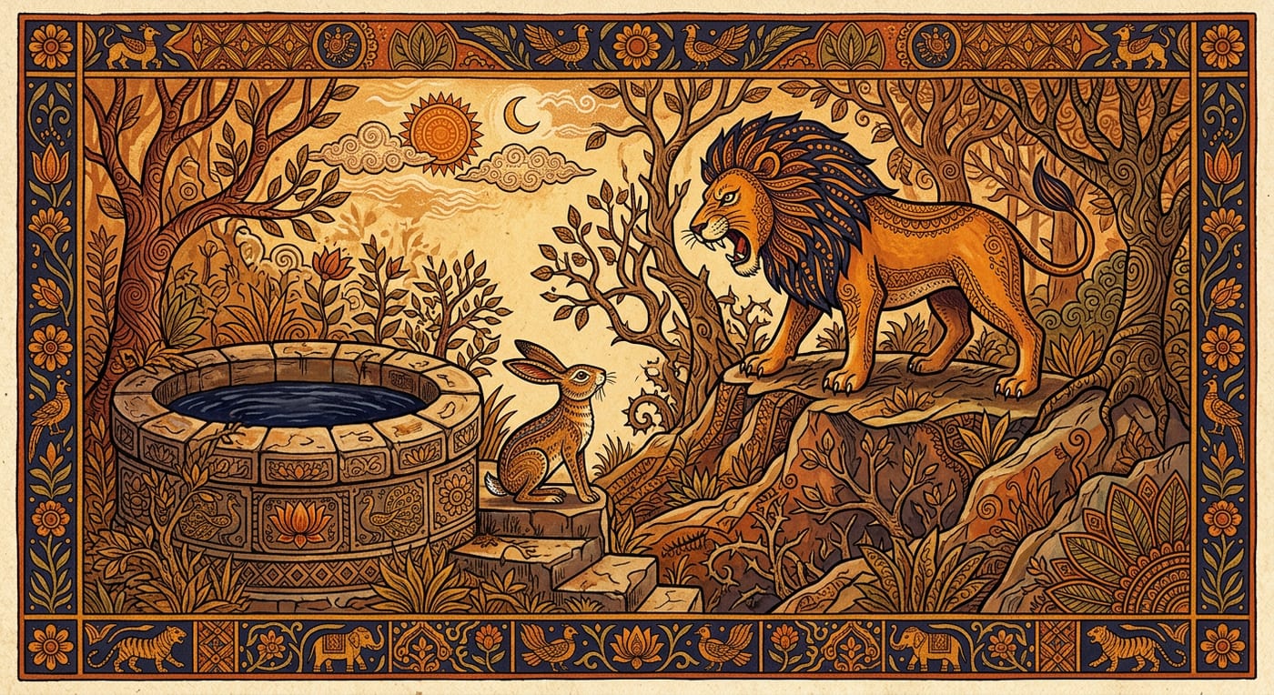 A small hare standing at the edge of an old stone well looking up at an angry lion in a dry forest, Indian folk-art style