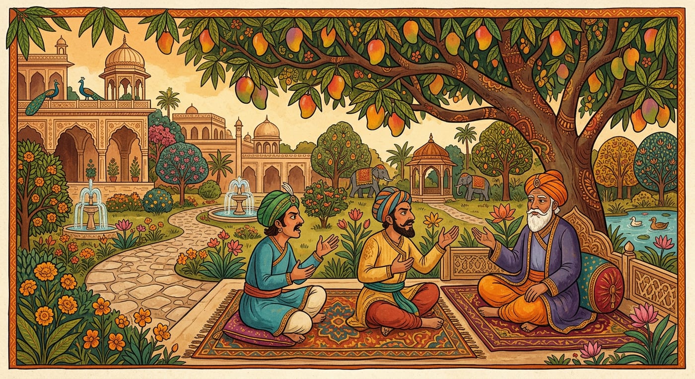 Two men arguing before a wise adviser beneath a heavily laden mango tree in a Mughal garden, Indian folk-art style