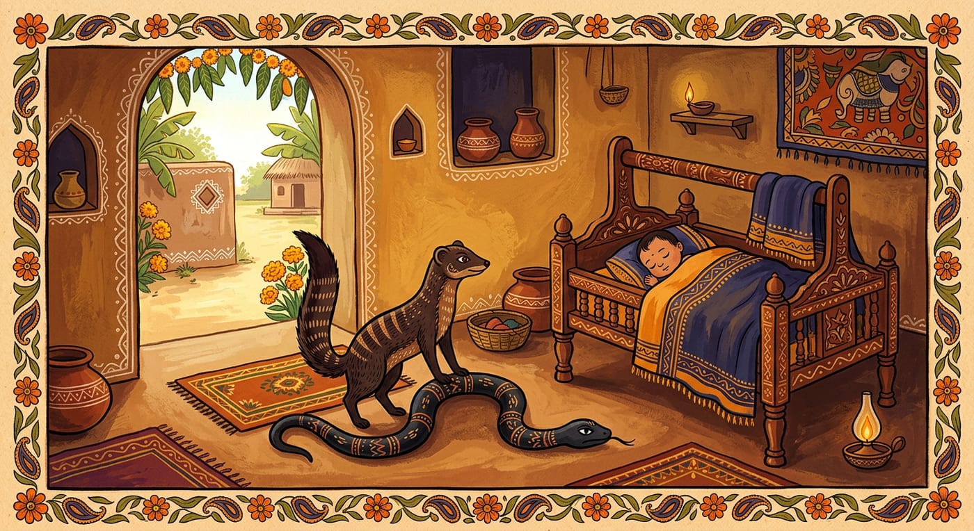 A mongoose standing over a defeated black snake beside a baby sleeping in a wooden cradle, Indian folk-art style