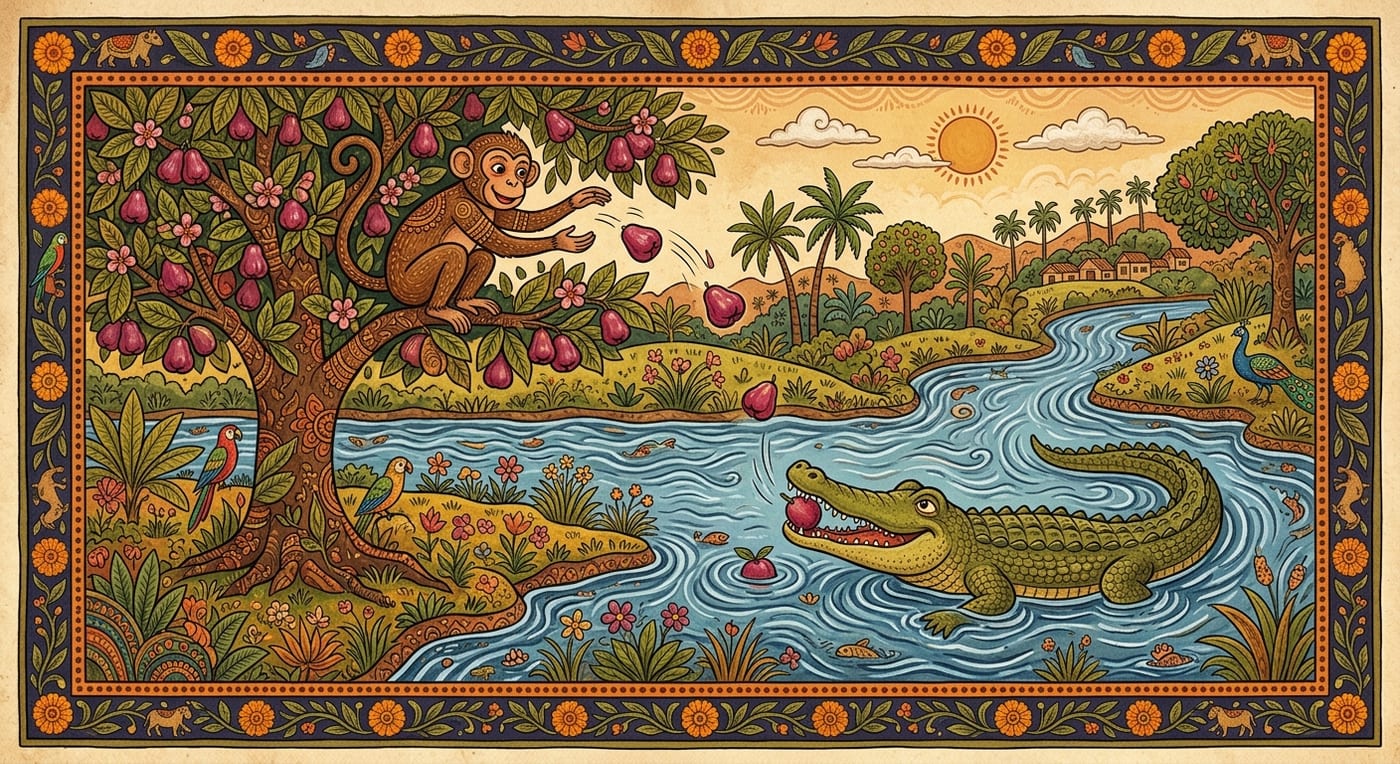 A monkey in a rose-apple tree tossing fruit down to a crocodile in the river, Indian folk-art style