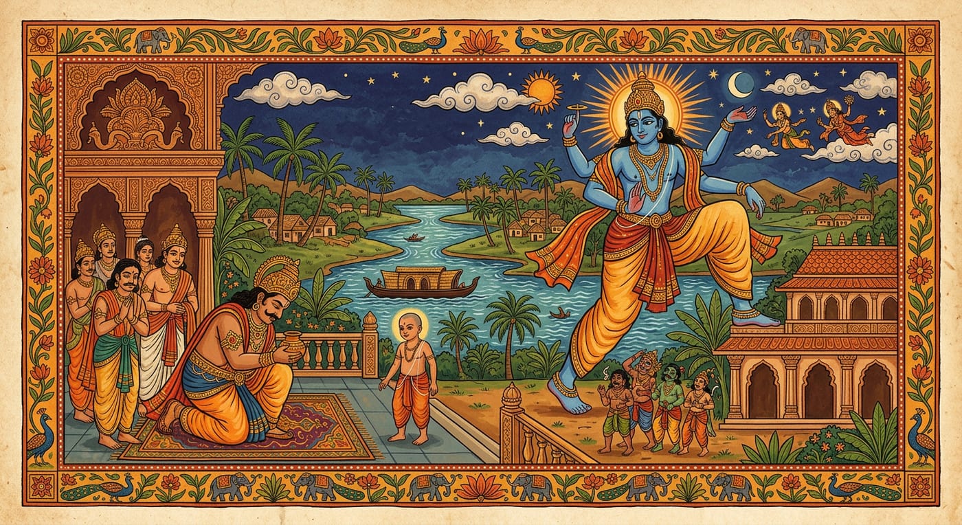 A generous king bowing his head as a small brahmin boy grows into a giant taking three strides across earth and sky, Kerala backwaters, Indian folk-art style