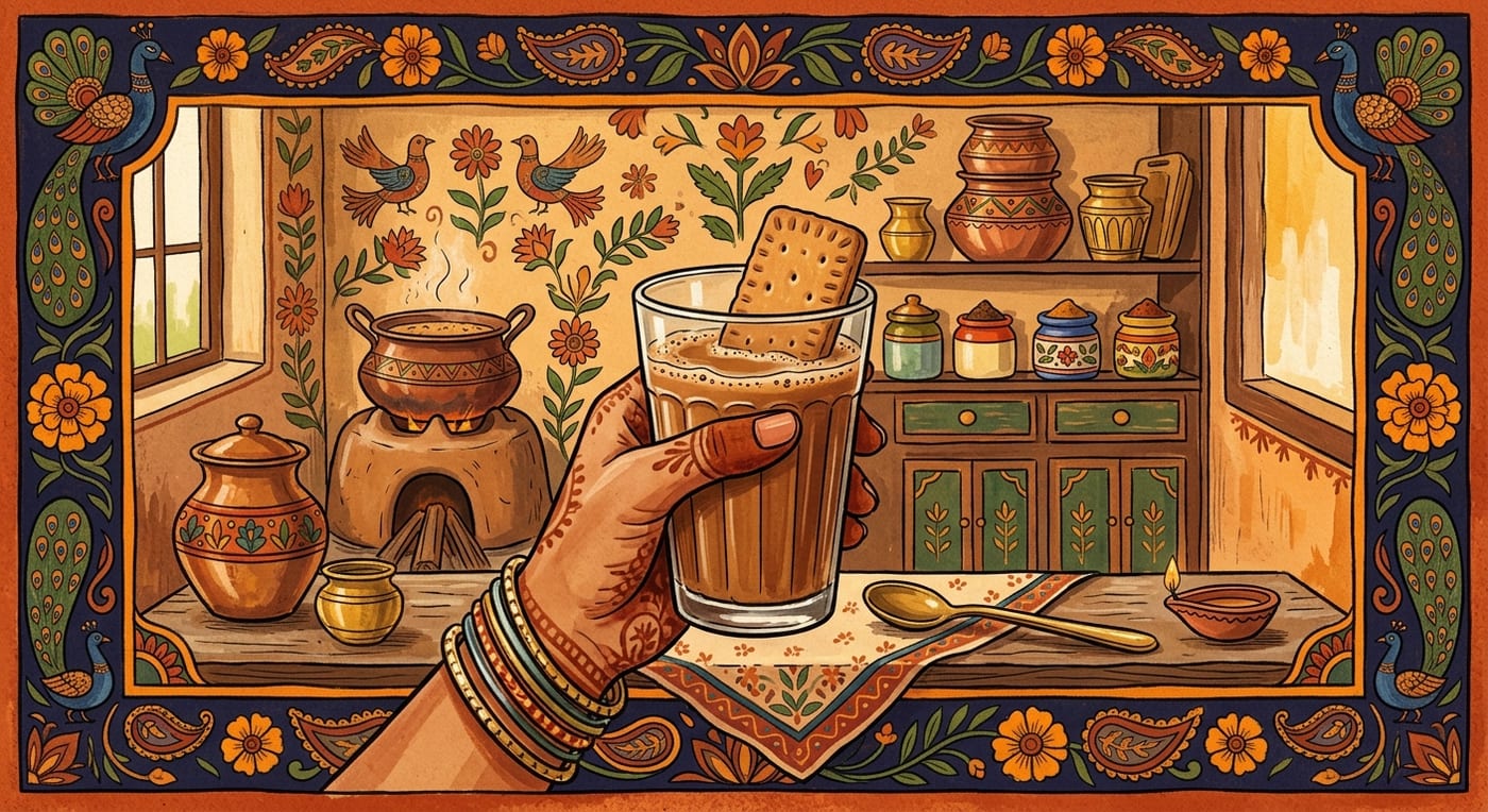 A glass of chai with a plain rectangular biscuit dunked halfway into it, held by a hand, warm kitchen light