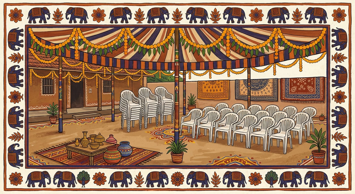 White plastic monobloc chairs stacked and arranged in rows in a courtyard under a shamiana tent with marigold garlands