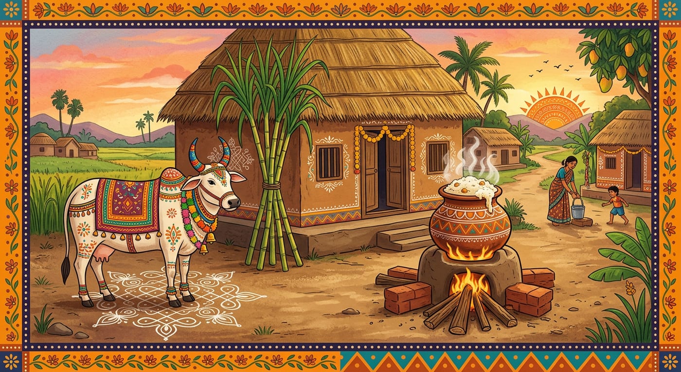 A clay pot of rice and jaggery boiling over on a fire outside a village home at sunrise, sugarcane and a decorated cow nearby, kolam on the ground