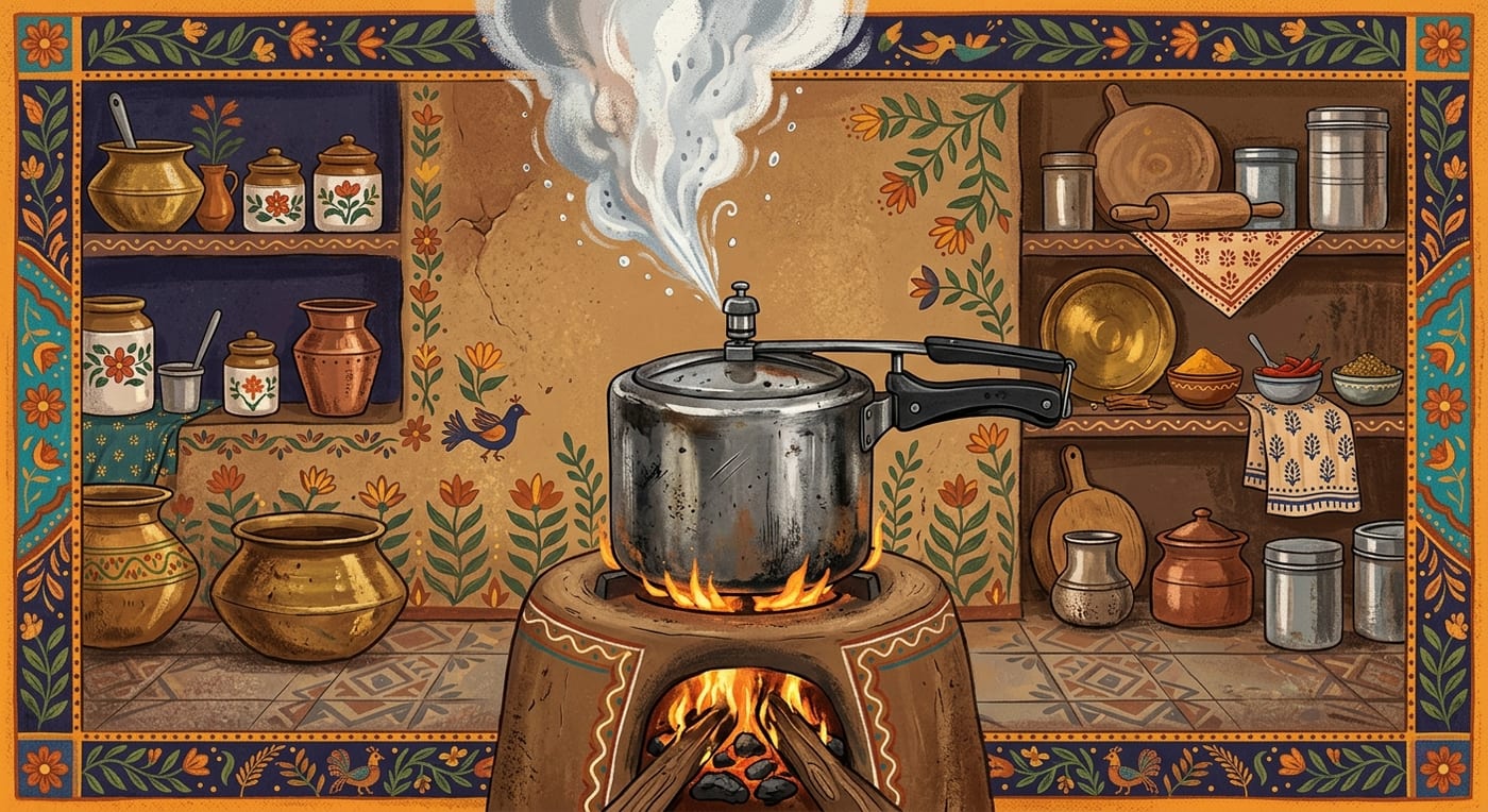 A well-used aluminium pressure cooker on a stove releasing a plume of steam from its whistle in a home kitchen