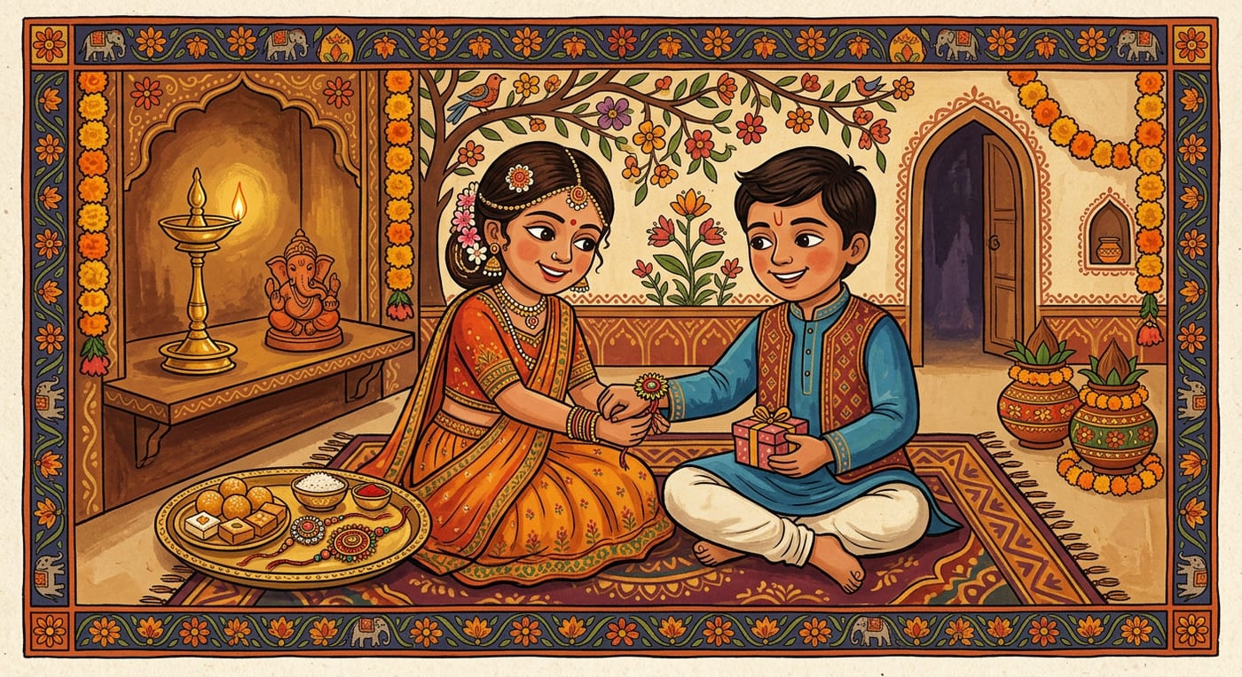 A sister tying a decorative thread on her brother’s wrist while he offers a gift, brass plate of sweets and a lamp, Indian folk-art style