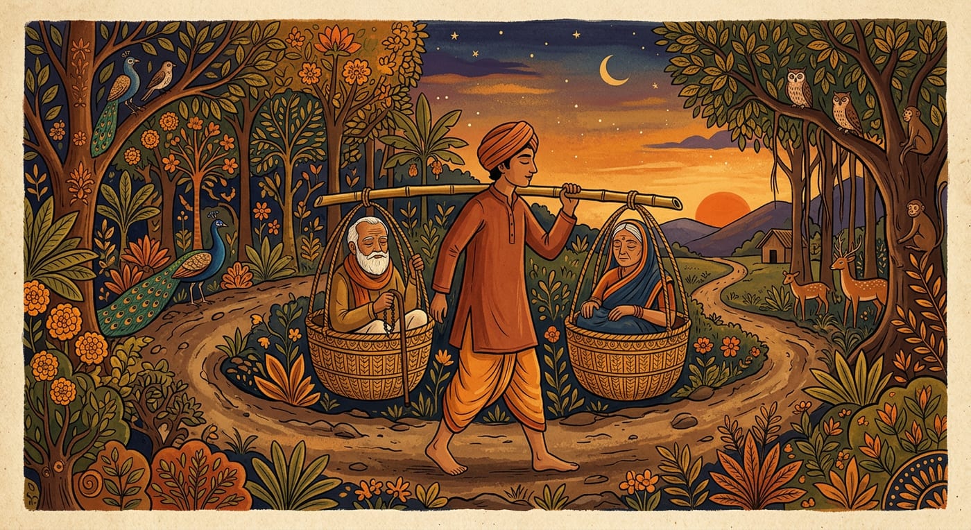 A young man carrying his elderly blind parents in two baskets slung from a shoulder pole along a forest path at dusk, Indian folk-art style
