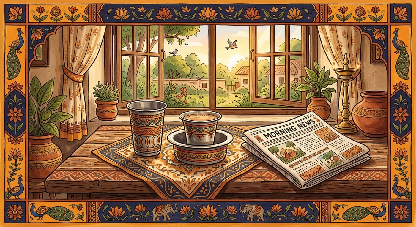 A steel tumbler and wide-lipped davara saucer on a wooden table beside a folded newspaper in morning light