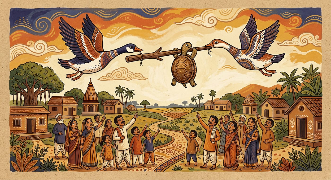 Two geese flying carrying a stick between their beaks with a tortoise gripping the middle while people below point up, Indian folk-art style