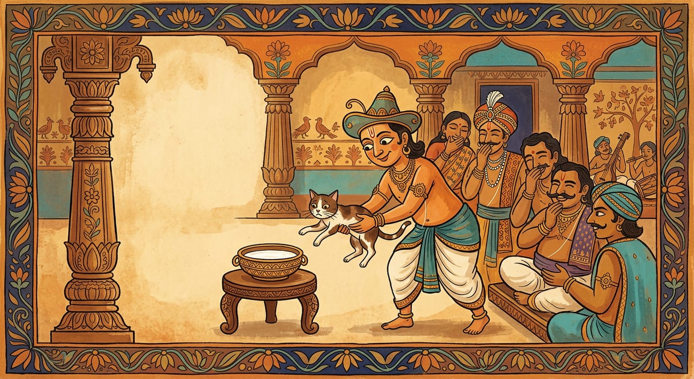 A royal court where a poet-jester holds a cat that shies away from a bowl of milk while courtiers laugh, Indian folk-art style